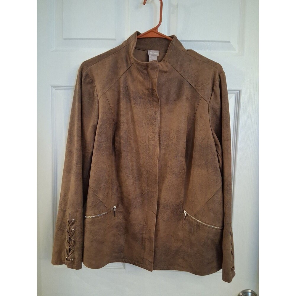 Chico's Faux Suede Brown Jacket Size2 Large Distressed Laceup Cuff Moto Zip